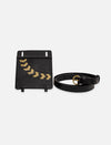 Black leather wallet with gold arrow embroidery and black leather belt with gold buckle on white background