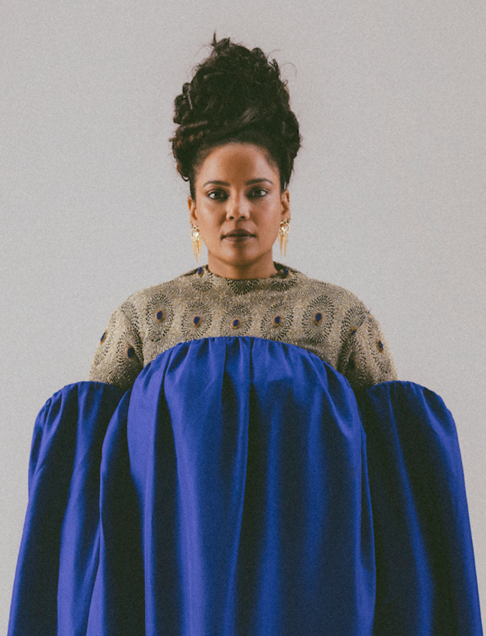 Portrait of woman with dark updo wearing blue dress with gold patterned top and statement earrings