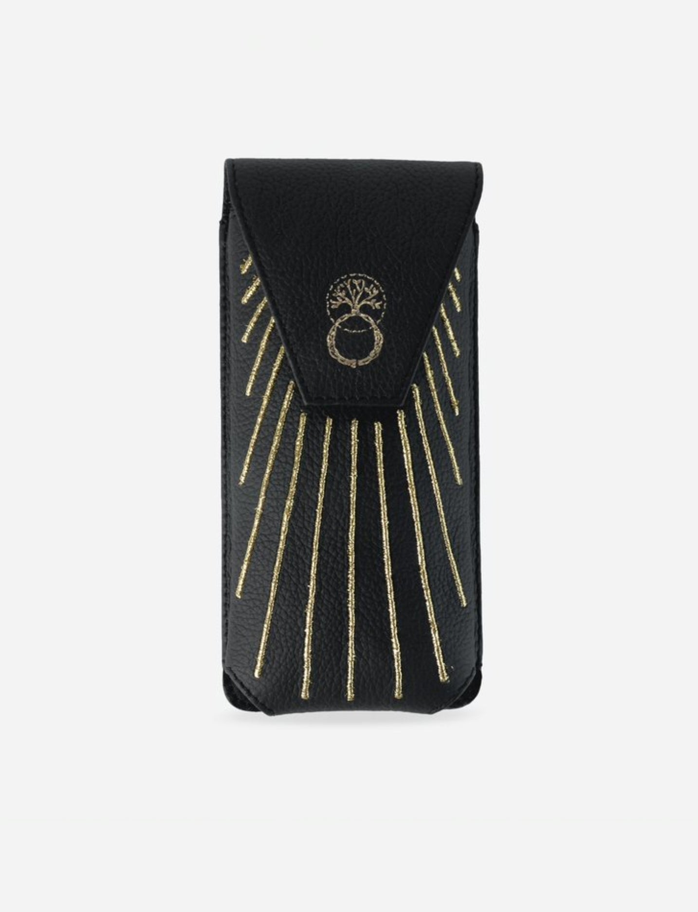 Black upcycled leather phone sling with gold embroidered rays and ring design on flap