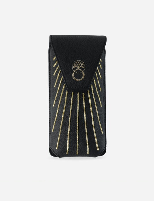 Black upcycled leather phone sling with gold embroidered rays and ring design on flap