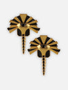 Pair of gold and black enamel earrings shaped like stylized lion heads with manes