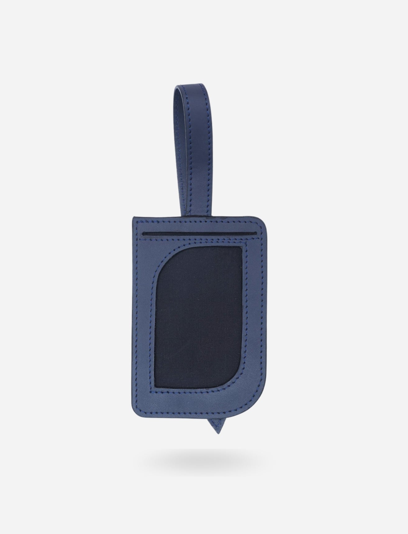 Timeless metallic blue leather luggage tag with stitched edges and loop handle