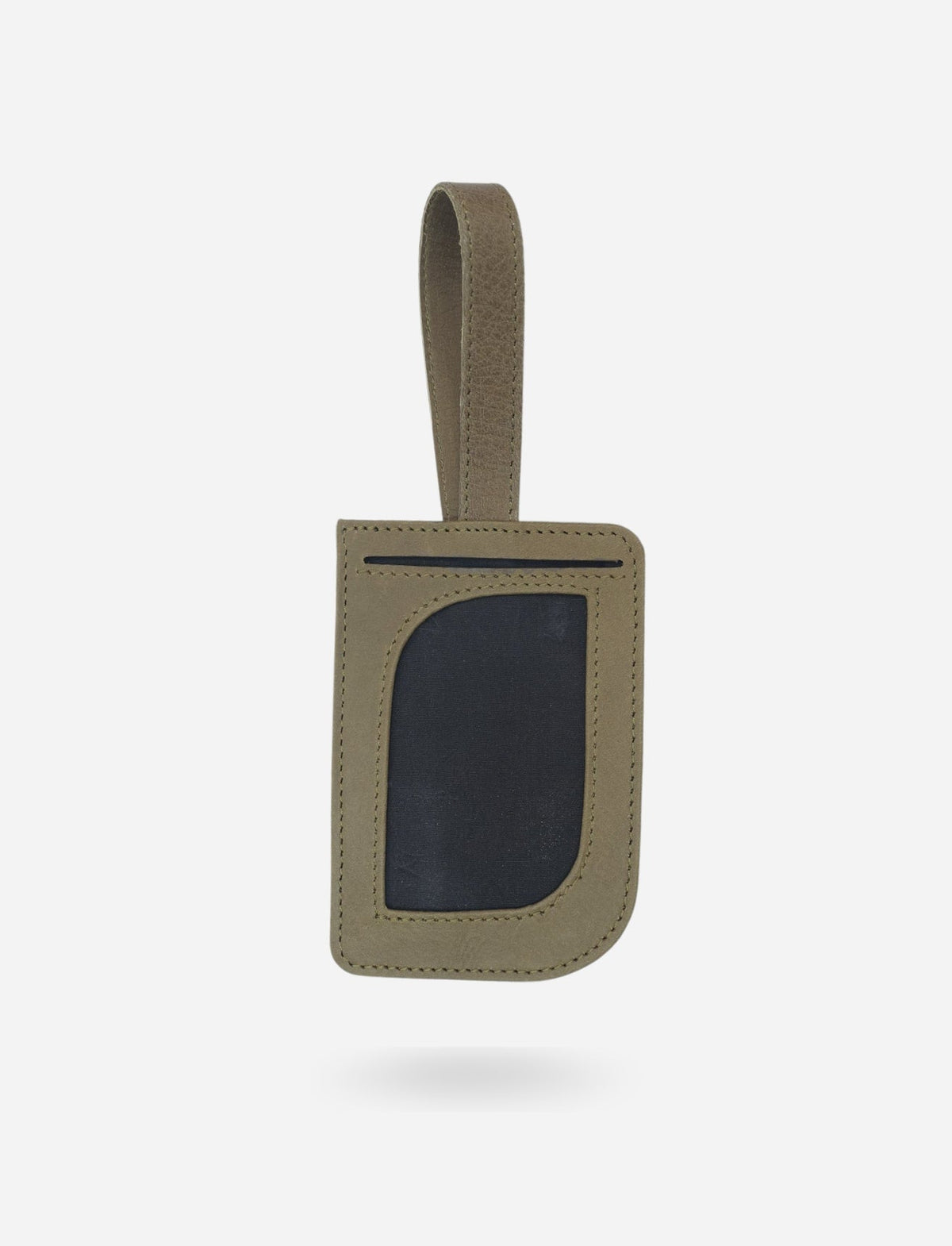 Timeless olive upcycled leather luggage tag with stitched strap and black ID window