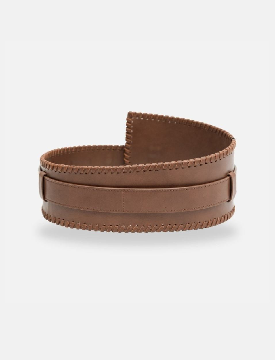 Timeless tan leather wide waist belt with hand-stitched edges, handcrafted in India