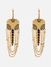 Gold-tone metal earrings with black enamel details and multiple dangling chain accents
