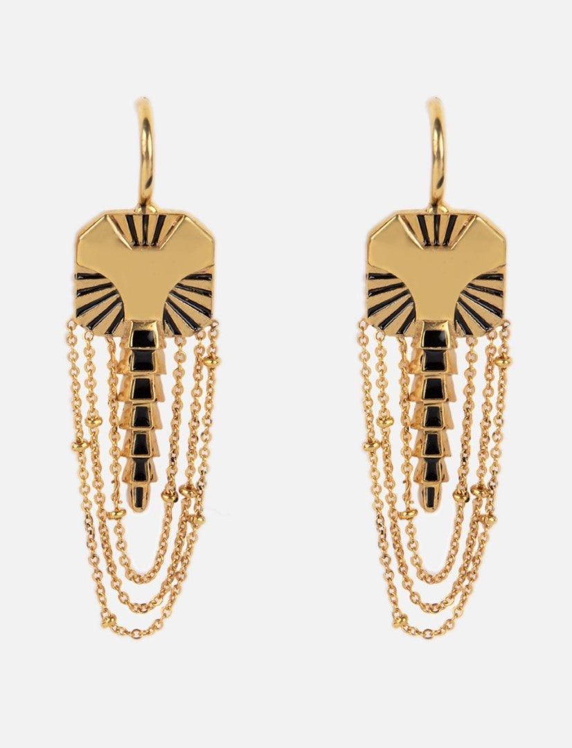 Gold-tone metal earrings with black enamel details and multiple dangling chain accents