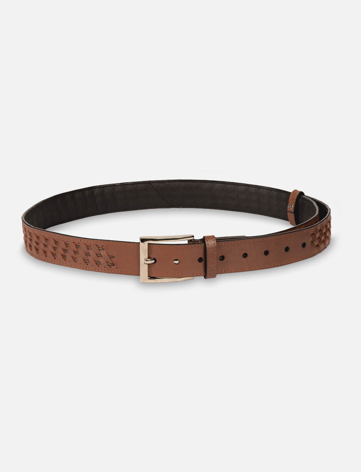 Timeless tan leather men's waist belt with silver buckle and woven detail, handcrafted in India