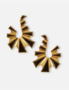 Pair of gold and black enamel metal earrings with geometric fan-shaped design on white background