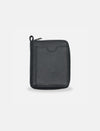 Black timeless leather wallet with front card pocket and zipper closure on white background