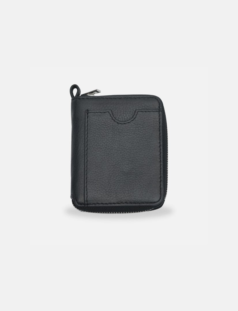 Black timeless leather wallet with front card pocket and zipper closure on white background