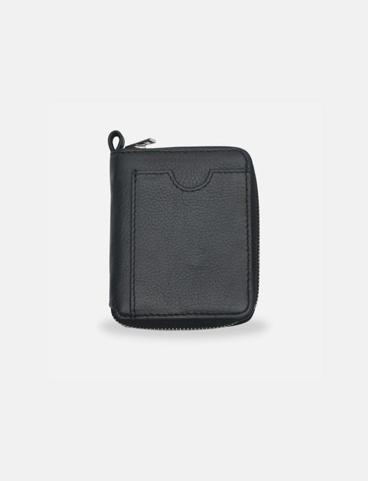 Black timeless leather wallet with front card pocket and zipper closure on white background