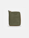 Timeless olive green gender-neutral leather wallet with zipper and embossed tree logo on white background
