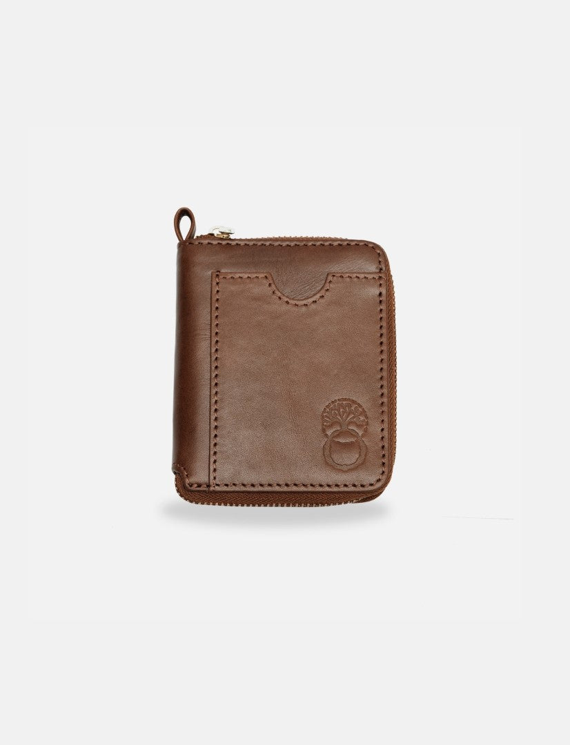 Timeless tan gender-neutral upcycled leather wallet with zip and embossed tree logo