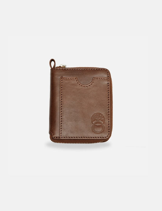 Timeless tan gender-neutral upcycled leather wallet with zip and embossed tree logo