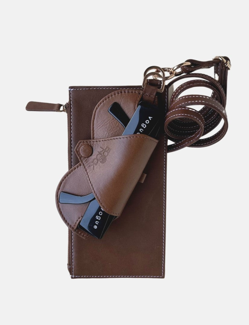 Timeless tan leather crossbody bag with upcycled belt strap, handcrafted in India