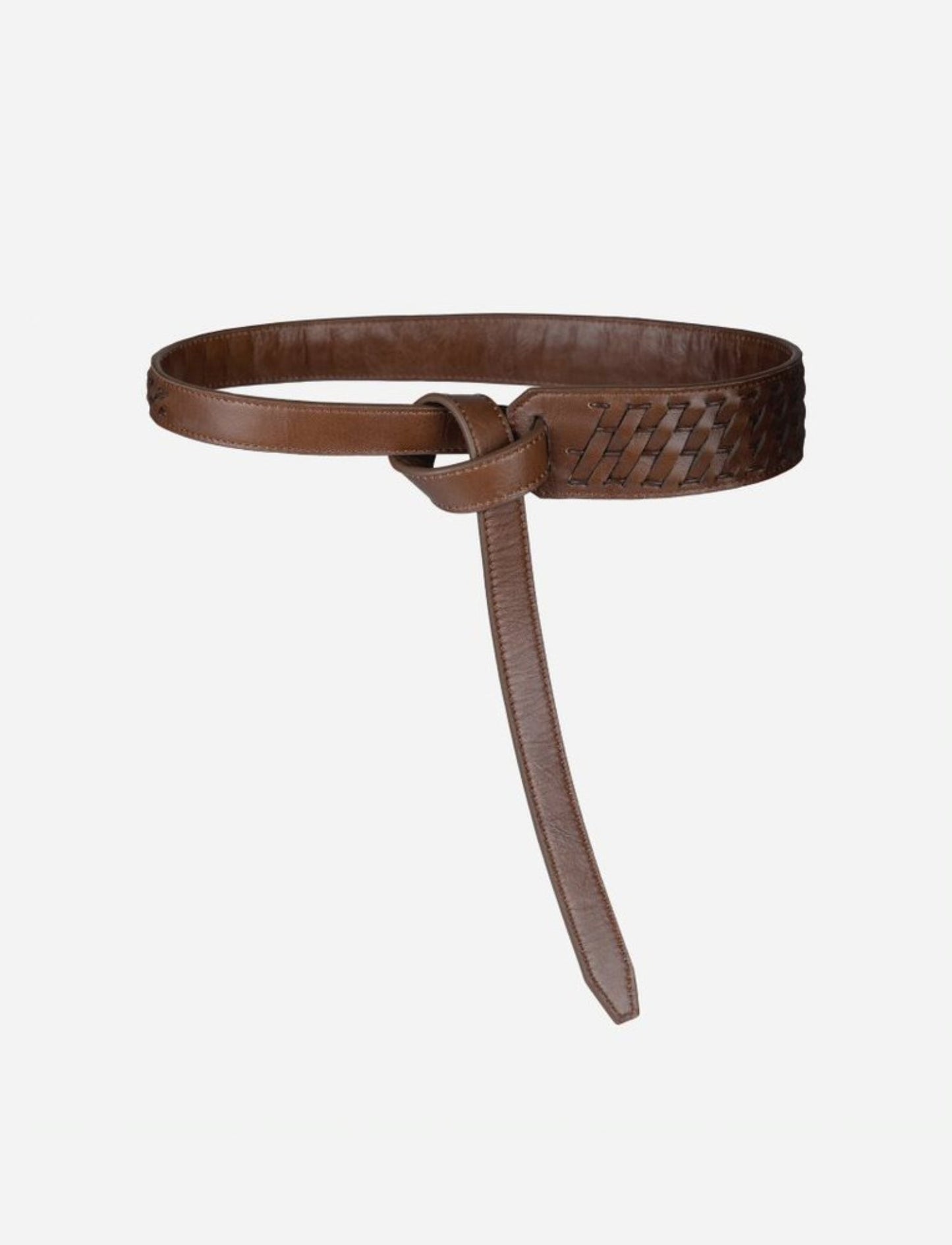 Timeless tan brown leather waist belt with woven detailing and knot closure on white background