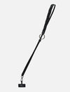 Timeless black leather phone sling with upcycled lanyard and metal ring clasp on white background