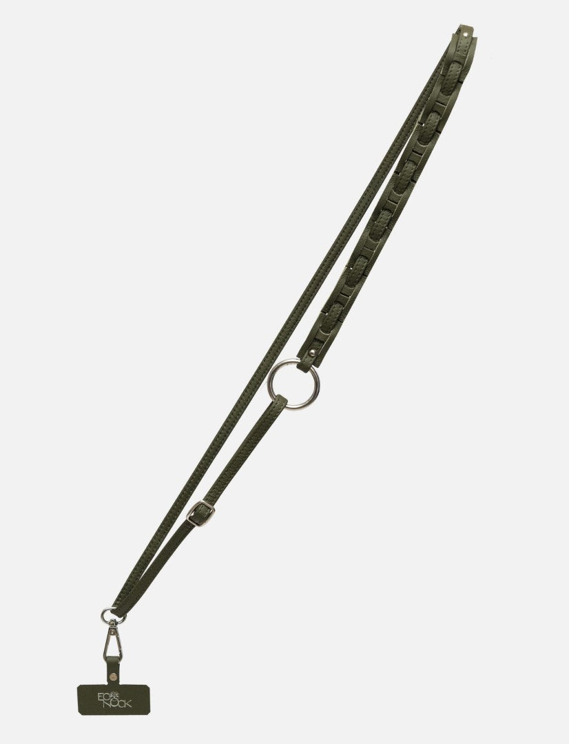 Timeless olive green leather phone sling with upcycled lanyard and metal ring on white background