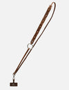 Timeless tan leather phone sling lanyard with metal ring and Eco Nook logo tag
