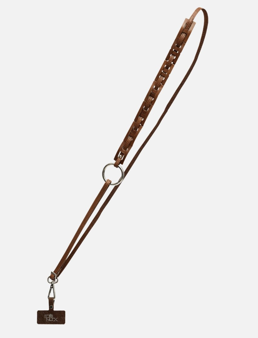 Timeless tan leather phone sling lanyard with metal ring and Eco Nook logo tag