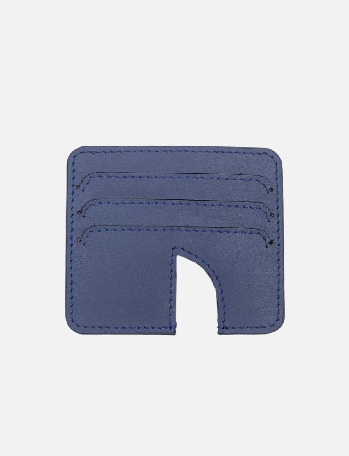Timeless metallic blue leather card holder with three card slots and stitched edges