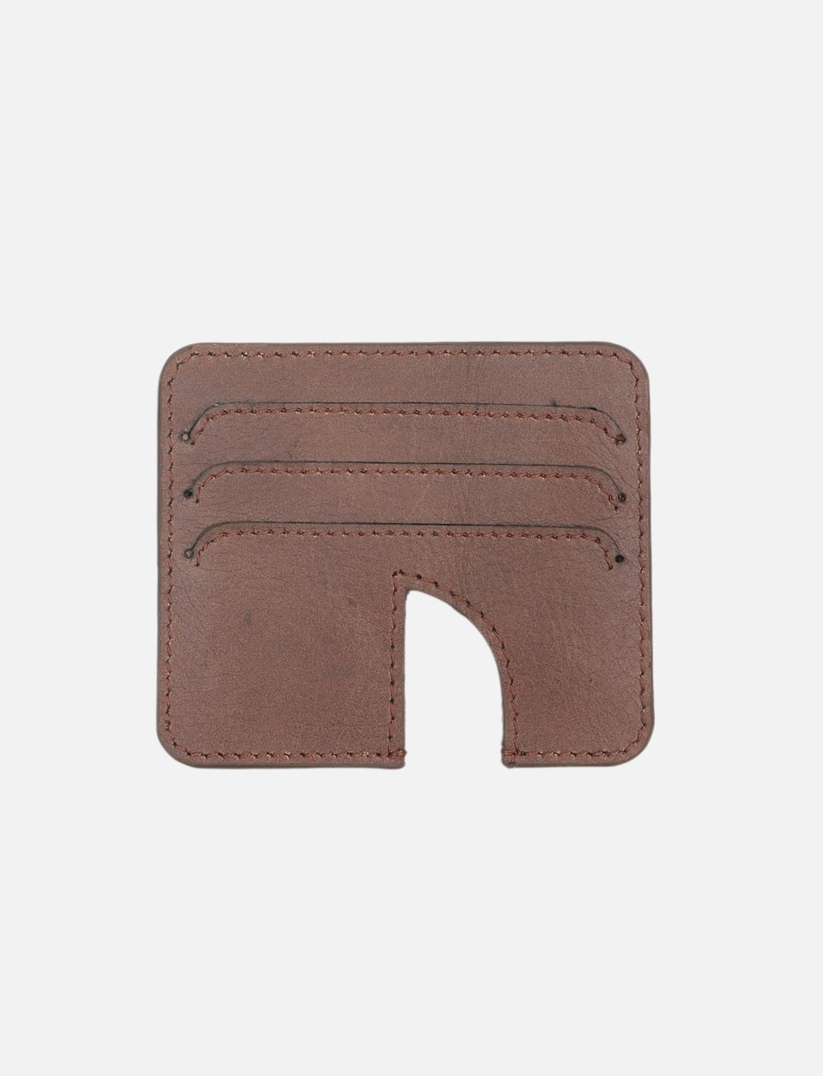 Timeless tan upcycled leather card holder with three card slots and thumb cutout, handcrafted in India