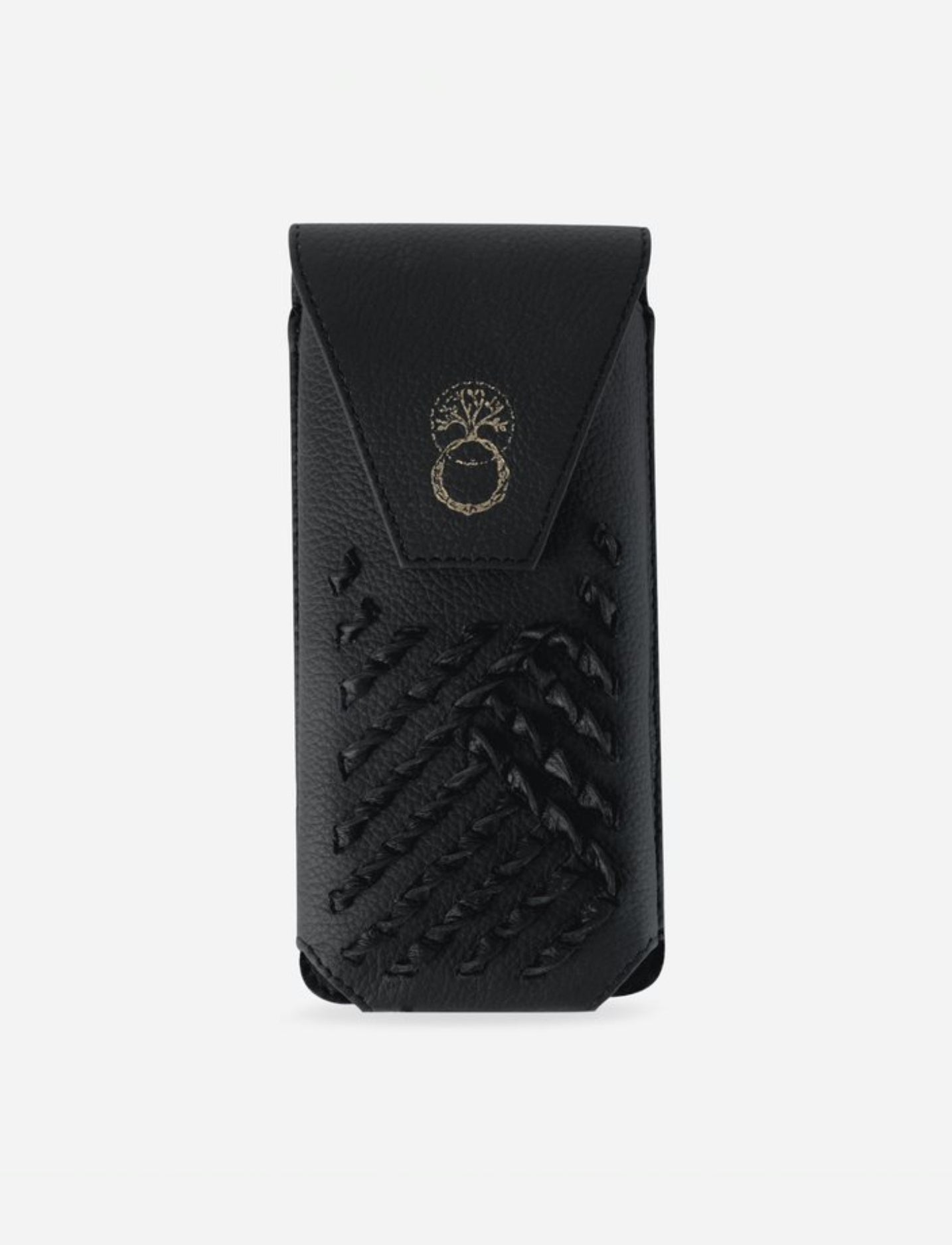 Black upcycled leather phone sling with woven detail and gold tree logo on flap