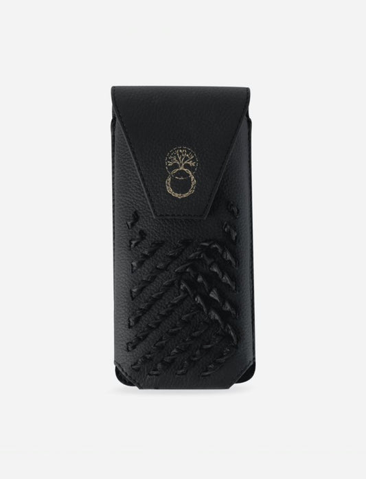 Black upcycled leather phone sling with woven detail and gold tree logo on flap