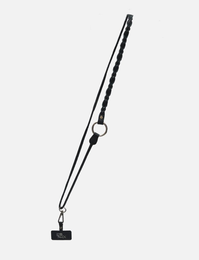 Timeless black leather braided phone sling with metal ring and detachable clip on white background