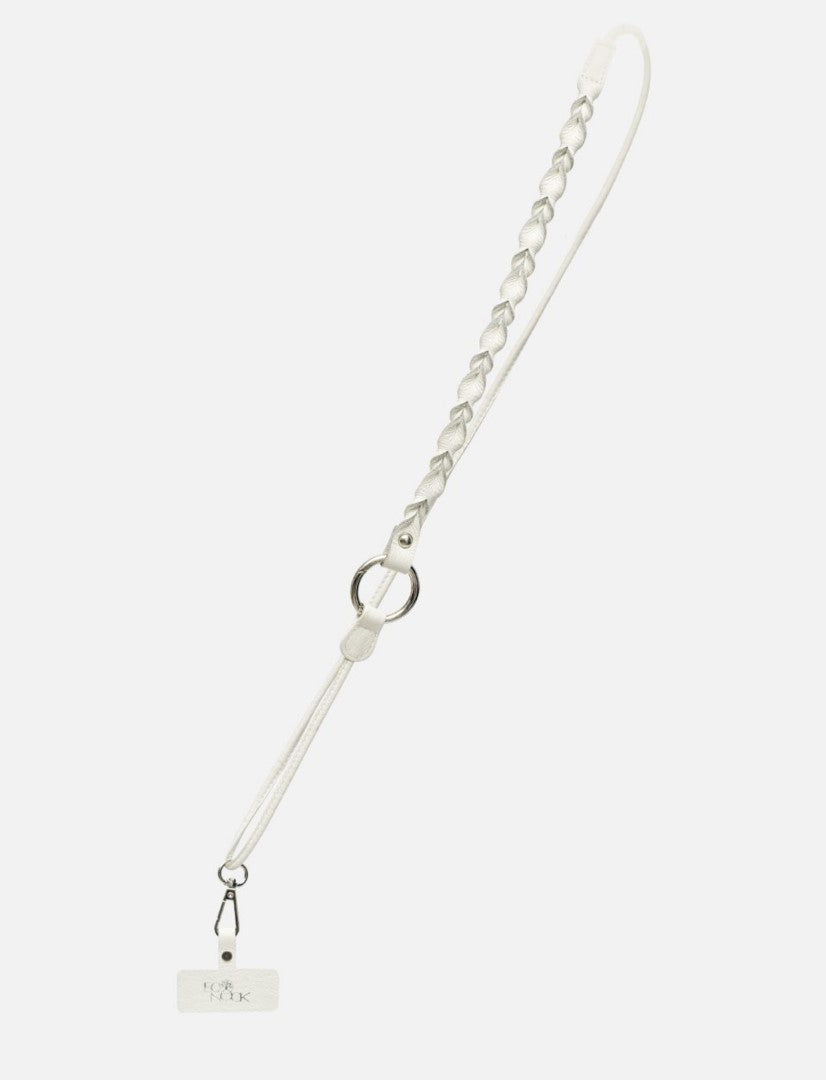 Timeless ivory white leather phone sling with upcycled lanyard and metal ring handcrafted in India