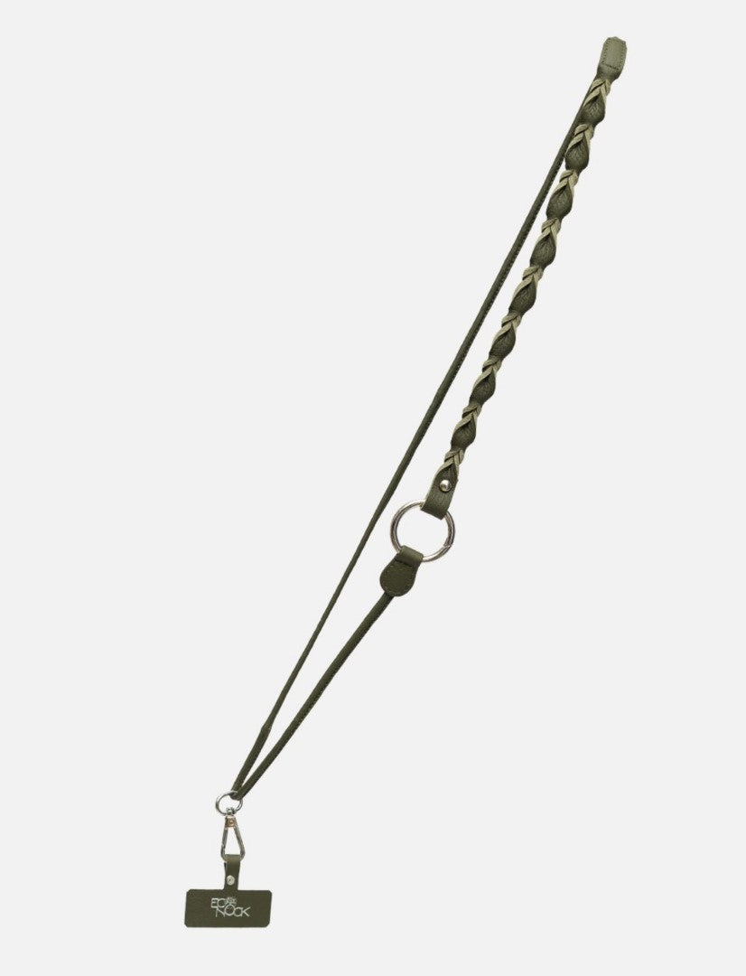 Timeless olive green leather phone sling with braided detailing and metal rings handcrafted in India