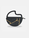 Black leather clutch bag with unique curved handle and gold kintsugi-inspired detailing