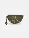Green leather sling bag with gold embroidered crack design and detachable wrist strap