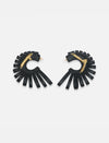 Pair of black leather hoop earrings with gold thread detail and fringe design on white background