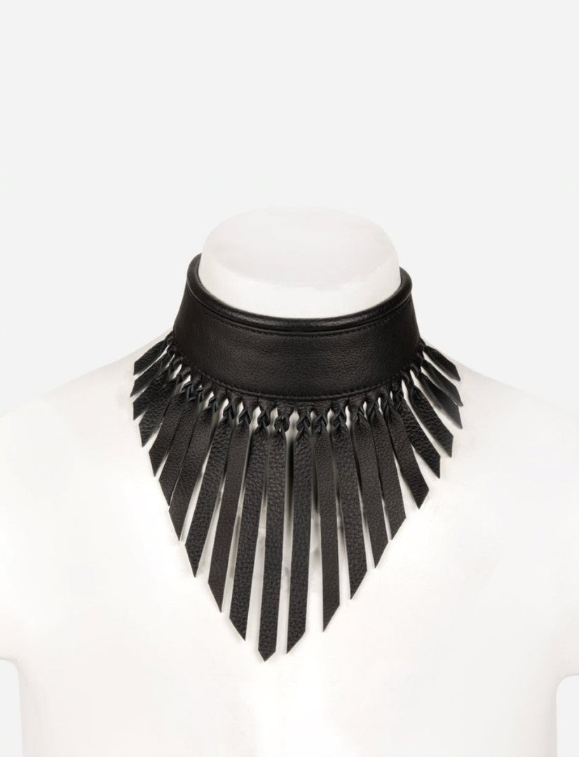 Black leather choker necklace with fringe details displayed on white mannequin bust