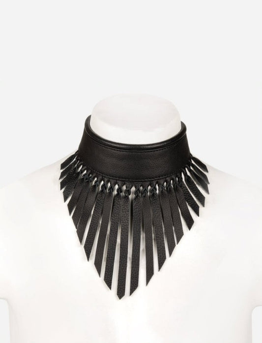 Black leather choker necklace with fringe details displayed on white mannequin bust