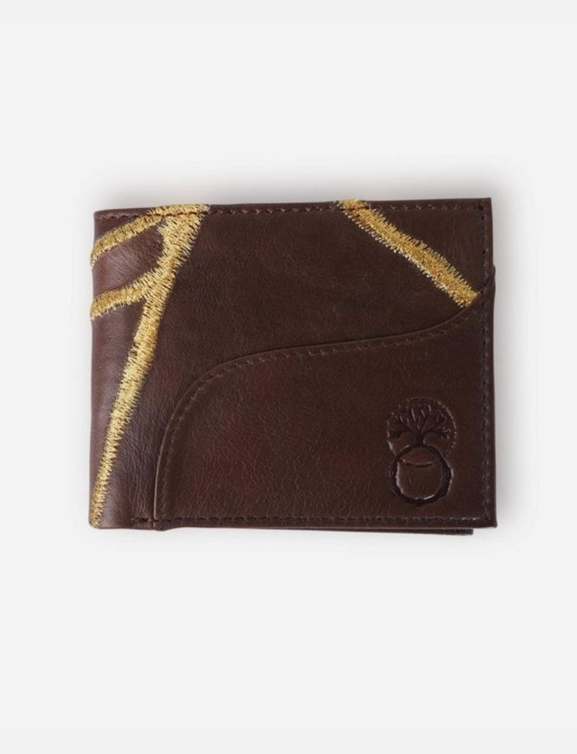 Timeless tan leather men's wallet with gold embroidered design and embossed tree logo