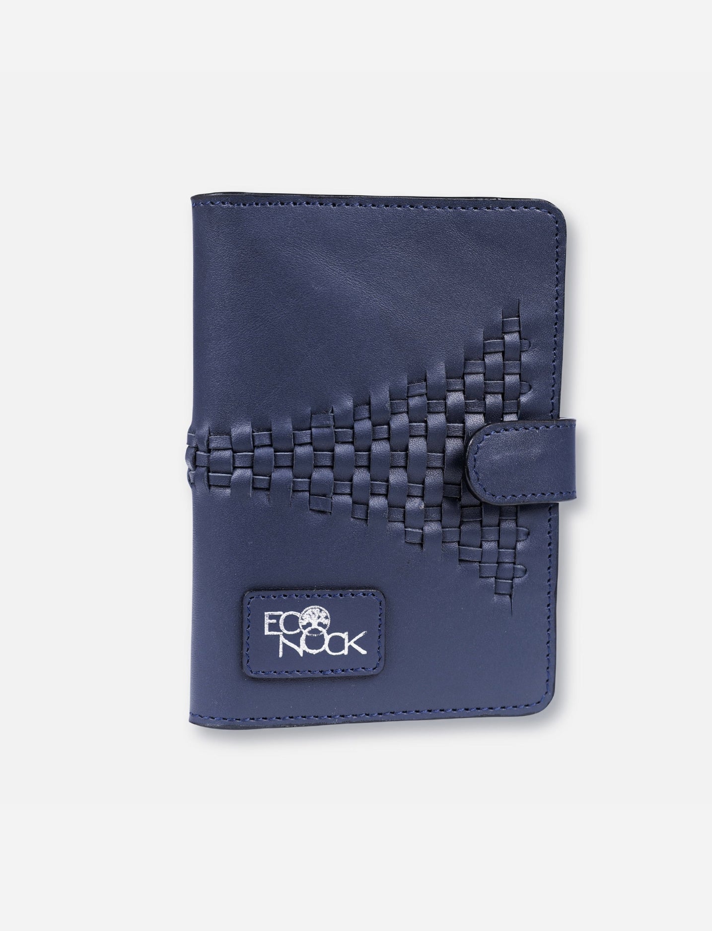 Navy blue EcoNock leather passport cover with woven design and snap closure