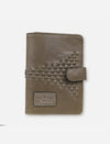 Timeless olive green leather passport cover with woven textured design and snap closure