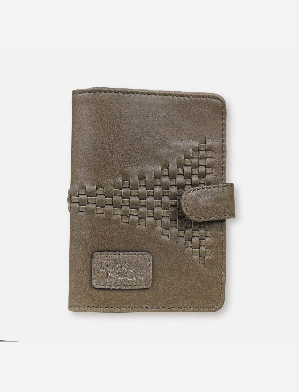 Timeless olive green leather passport cover with woven textured design and snap closure