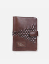 Brown leather EcoRock passport cover with woven leather design and snap closure