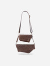 Timeless tan leather upcycled trifold bag with detachable strap and woven details