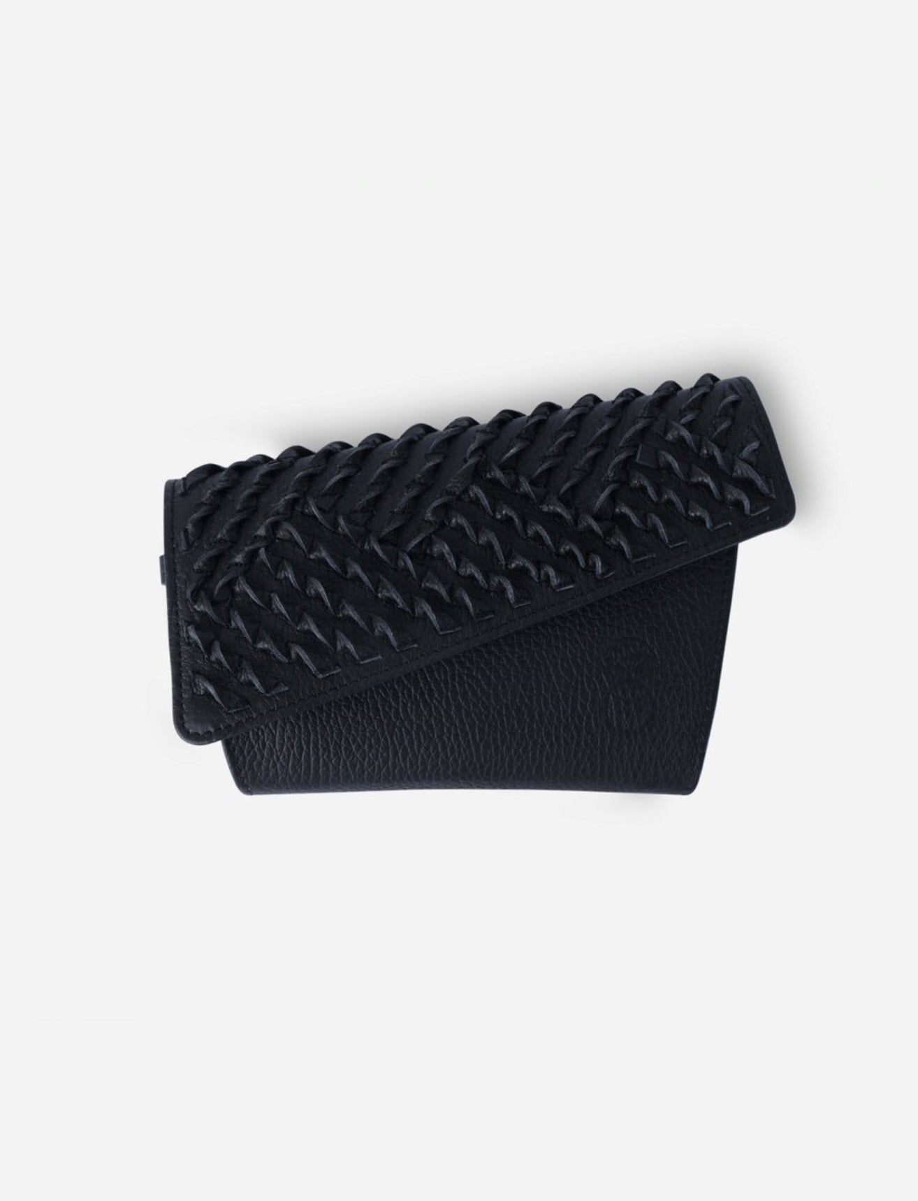 Black leather wallet with textured woven flap detail on white background