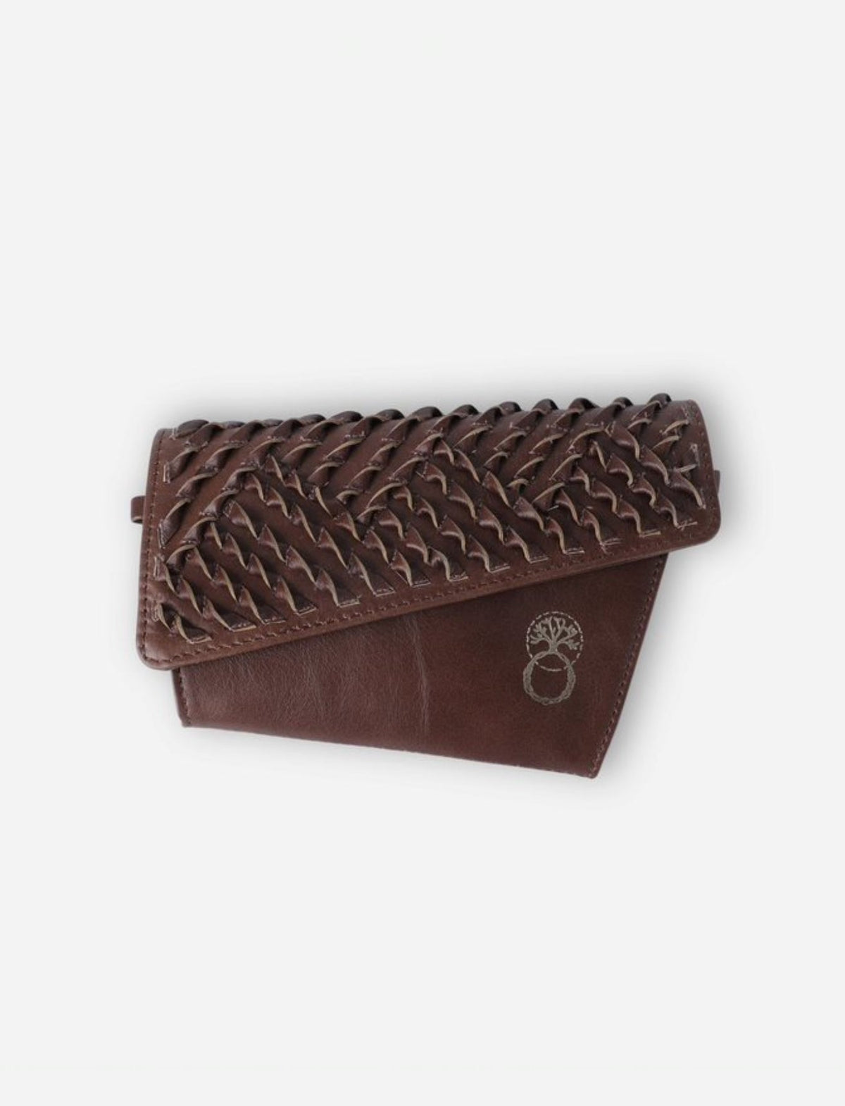 Timeless tan leather upcycled wallet with woven braided design and embossed tree logo on white background