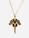 Gold and black enamel metal pendant necklace with an abstract tribal design and adjustable gold chain