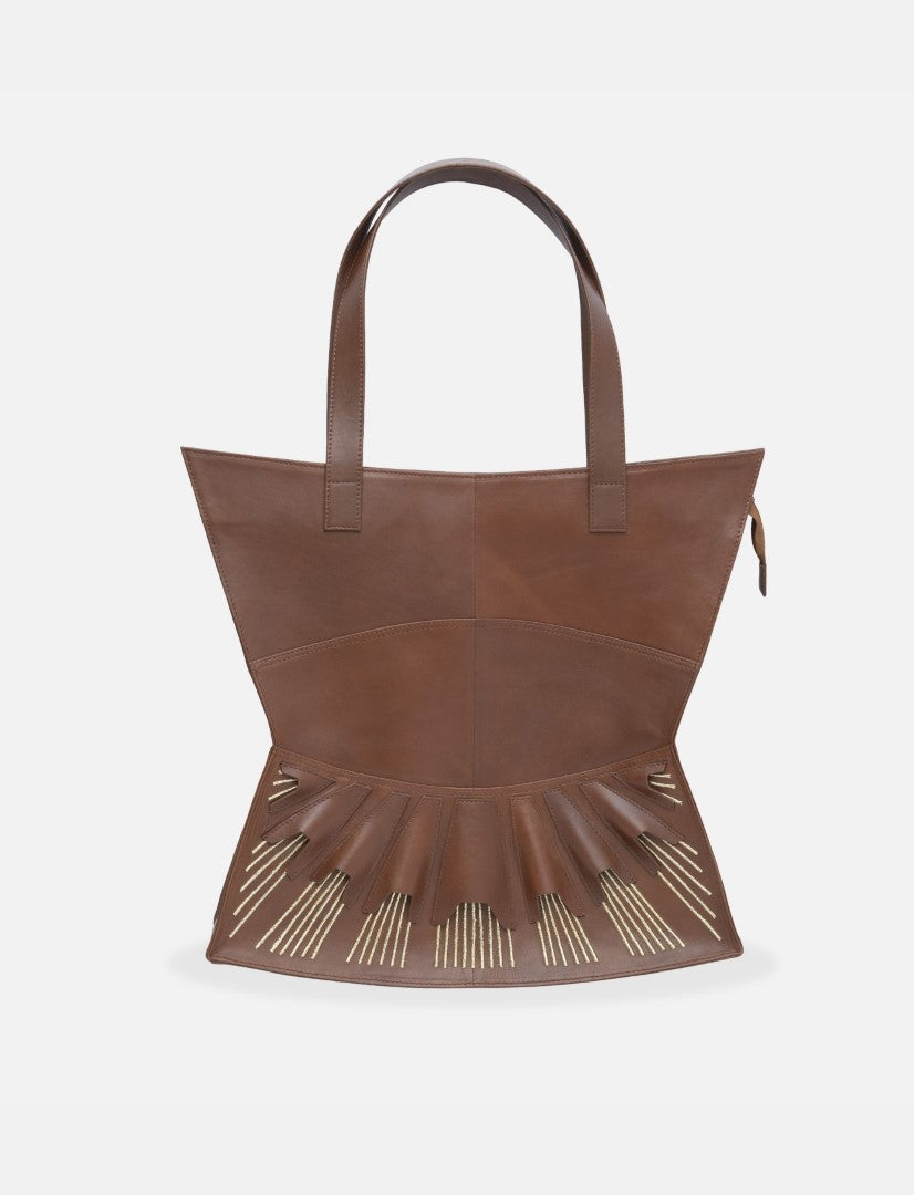 Brown leather tote bag with gold embroidery and pleated design, handcrafted in India
