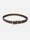 Timeless tan leather men's belt with gold embroidery and adjustable gold buckle on white background