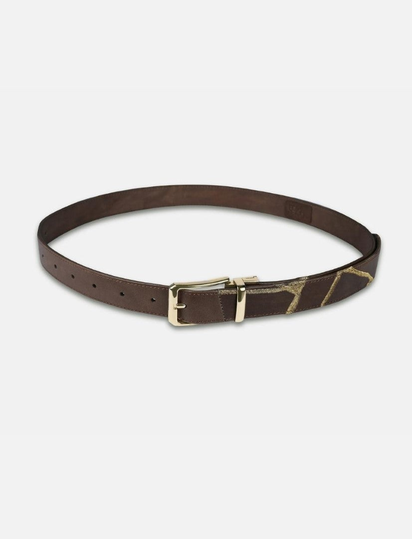 Timeless tan leather men's belt with gold embroidery and adjustable gold buckle on white background