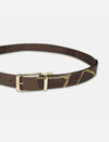 Timeless tan leather men's belt with gold embroidered accents and gold buckle on white background