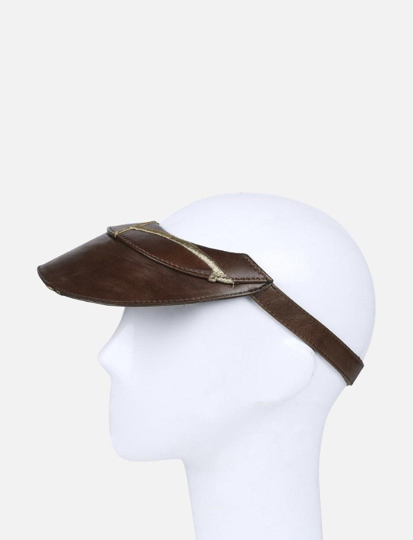 Timeless tan leather visor hat with gold embroidery on white mannequin head